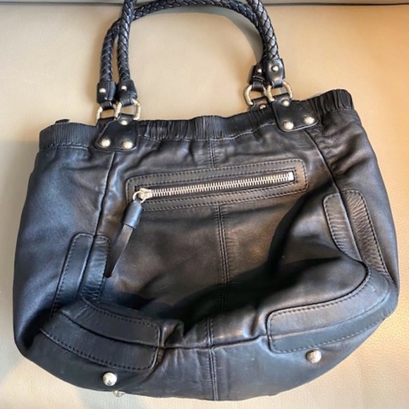 Stuart Weitzman black genuine leather shoulder bag satchel braided straps - Picture 1 of 16